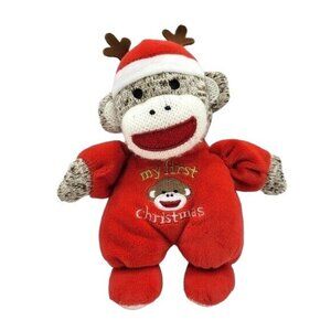 2/$15 Magic Years Sock Monkey Plush Lovey Rattle Red 8" Antlers First Christmas